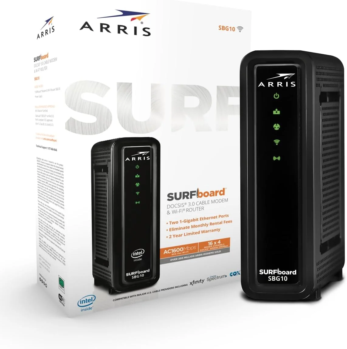 مودم روتر کابلی ARRIS (SBG10) - DOCSIS 3.0 16 x 4 گیگابیتی و وای فای AC1600، سازگار با Comcast Xfinity، Cox، برای بررسی سازگاری با ISP خود مشورت کنید [عدم سازگاری با Spectrum] حداکثر سرعت اینترنت 400 مگابیت در ثانیه