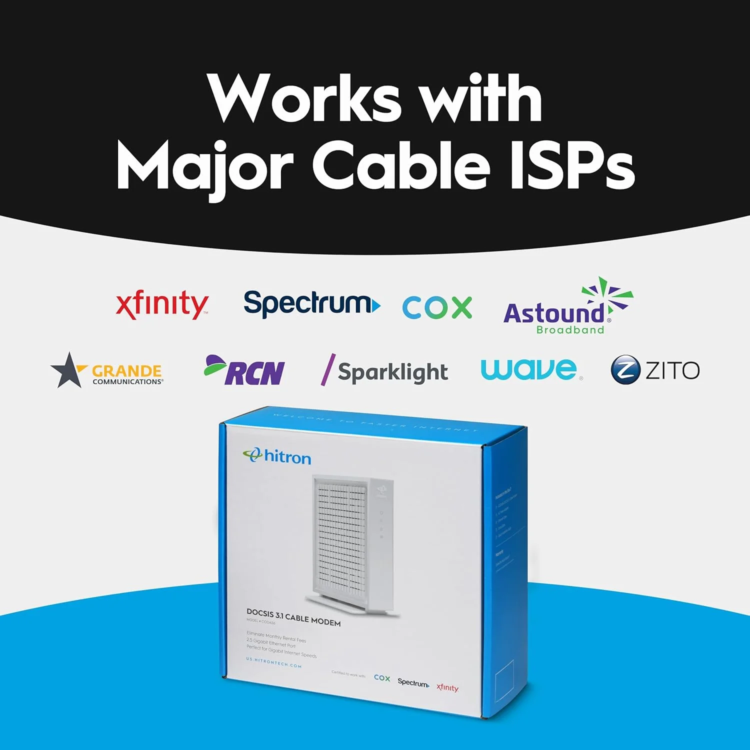 Hitron CODA56 Multi-Gigabit DOCSIS 3.1 Modem | Pairs with Any WiFi Router or Mesh WiFi | Certified with Xfinity, Charter Spectrum, Cox | 10x Faster Than DOCSIS 3.0 | 2.5 Gbps Ethernet Cable Modem