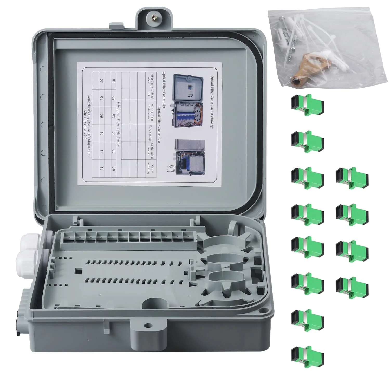 جعبه تقسیم فیبر نوری، محفظه نصب دیواری 12 پورت با 12 آداپتور SC APC، سینگل مود، FTTH، ضد آب IP65 مناسب برای استفاده در فضای باز/داخلی - 24x22x6.5 سانتی متر