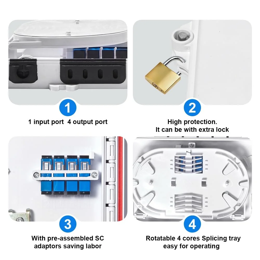 جعبه تقسیم فیبر نوری 4 هسته ای، جعبه ترمینال فیبر نوری (SC UPC)، قابل نصب روی دیوار