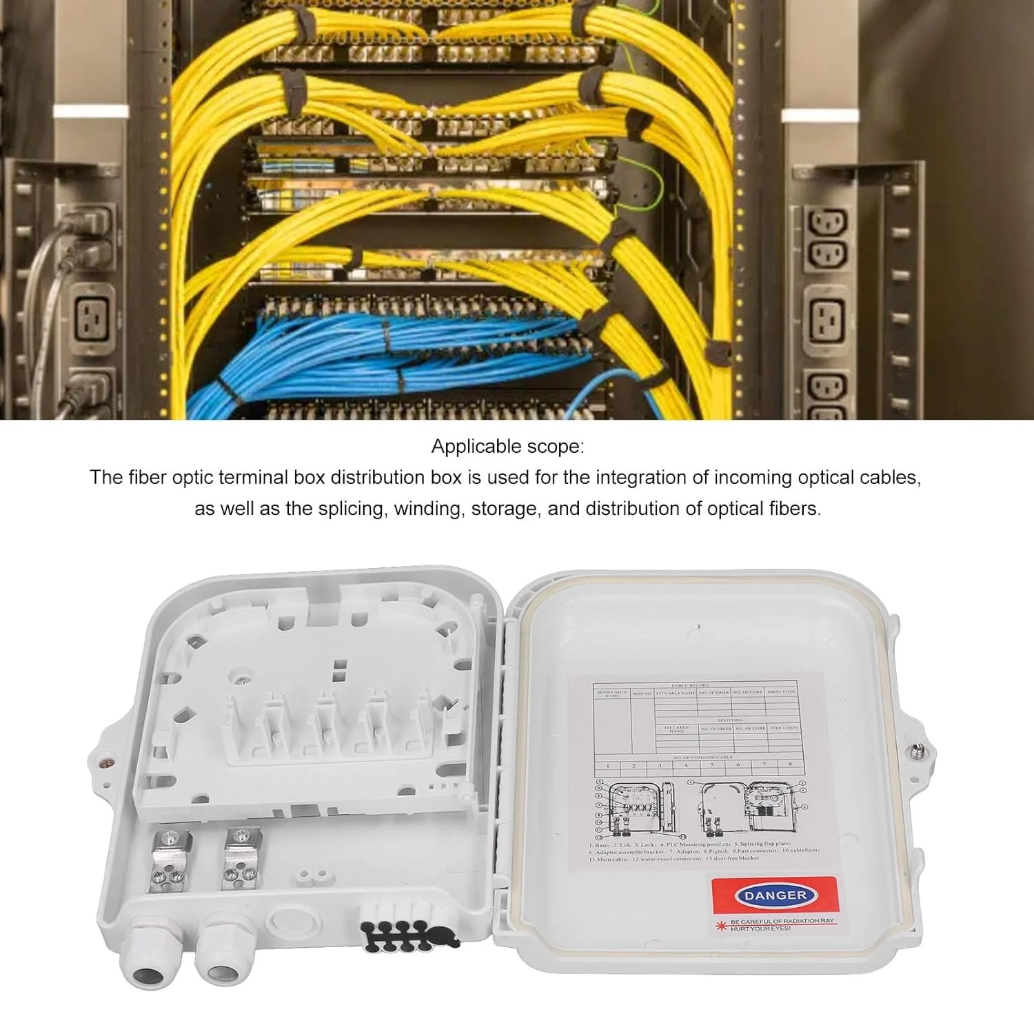 جعبه توزیع فیبر 8 پورت، جعبه ترمینال فیبر نوری ABS نصب شده روی دیوار با صفحه چرخشی تاشو، جعبه تقسیم ضد آب و ضد گرد و غبار برای استفاده در داخل و خارج از منزل