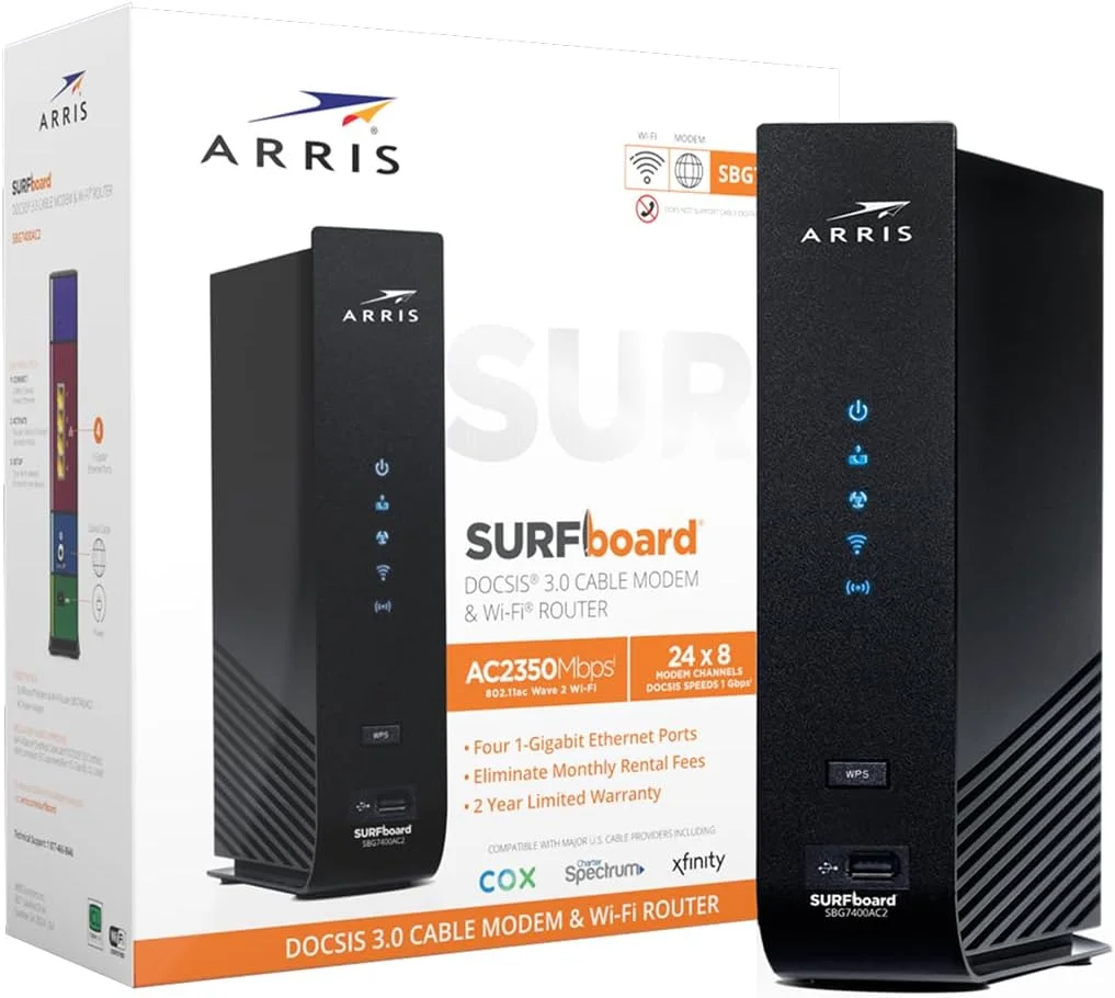 مودم کابلی ARRIS SURFboard SBG7400AC2 DOCSIS 3.0 و روتر وای‌فای AC2350 | تایید شده برای Comcast Xfinity، Cox، Charter Spectrum و غیره | چهار پورت 1 گیگابیت بر ثانیه | حداکثر سرعت اینترنت 800 مگابیت بر ثانیه