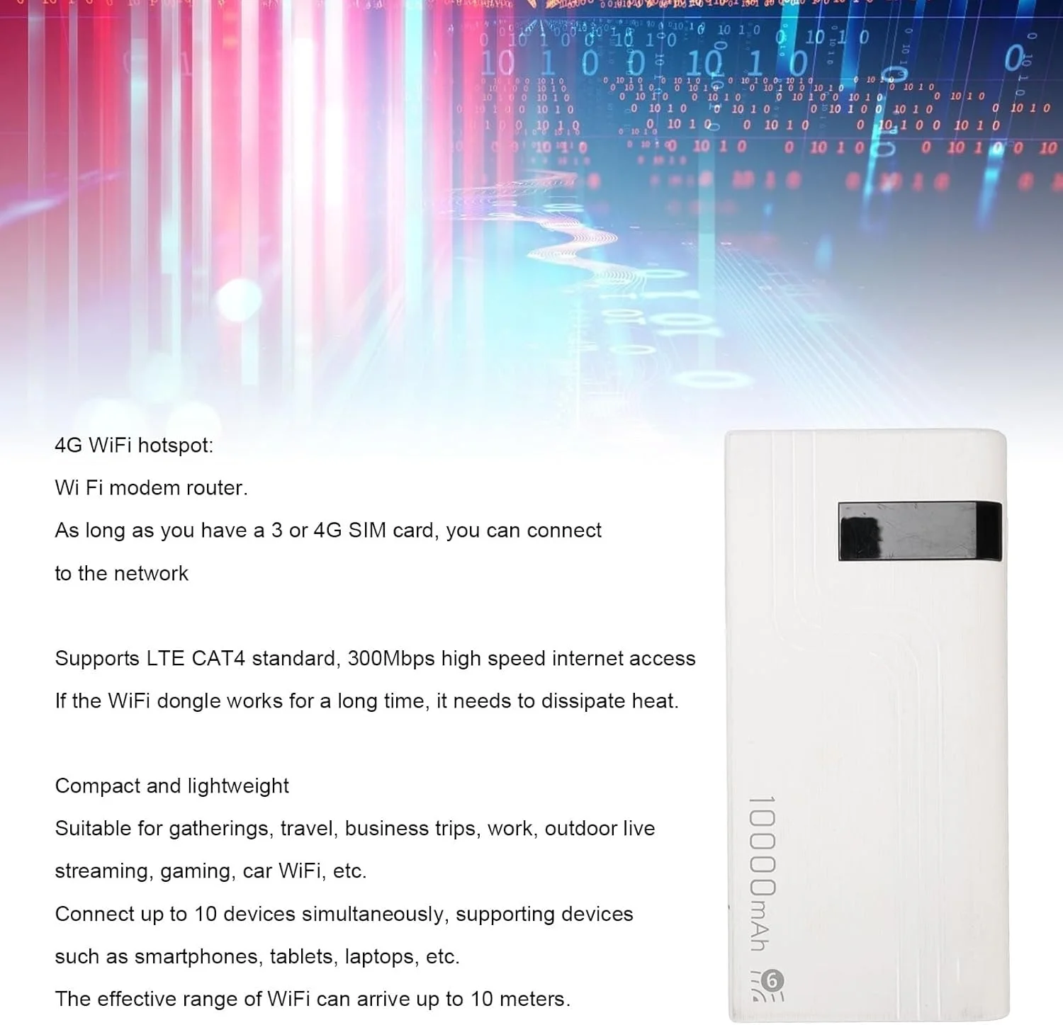 مودم روتر همراه 4G LTE الپریکو، هات اسپات پرسرعت قابل حمل با اسلات سیم کارت، روتر همراه با باتری 10000 میلی آمپر، اتصال 10 دستگاه، اینترنت قابل حمل برای 