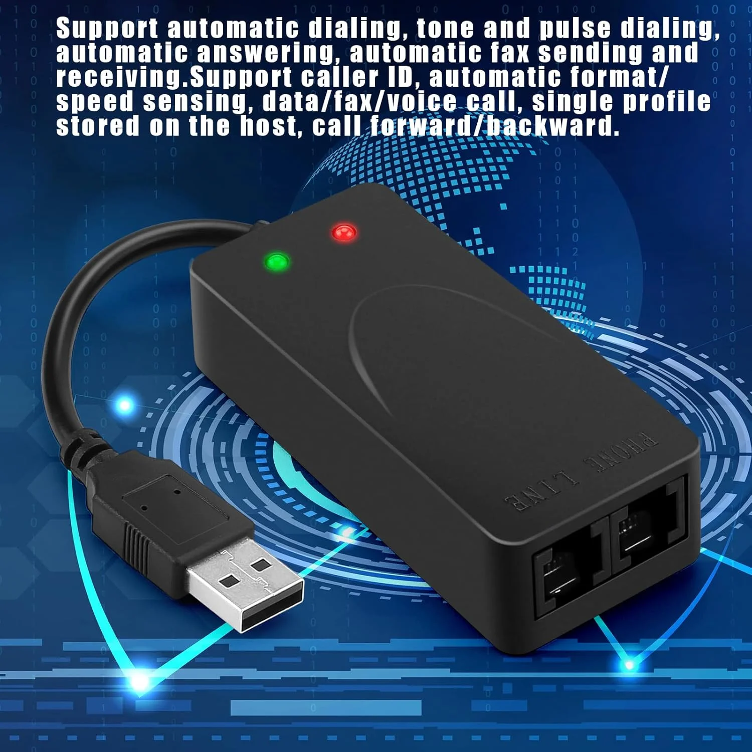 مودم اکسترنال USB 56K فکس دیتا با دو پورت، سازگار با ویندوز 98SE/2000/ME/XP/Vista/Win 7 و پشتیبانی از شماره گیری خودکار، شماره گیری تن و پالس، پاسخ خودکار، آموزش مجدد خودکار (رنگ مشکی)