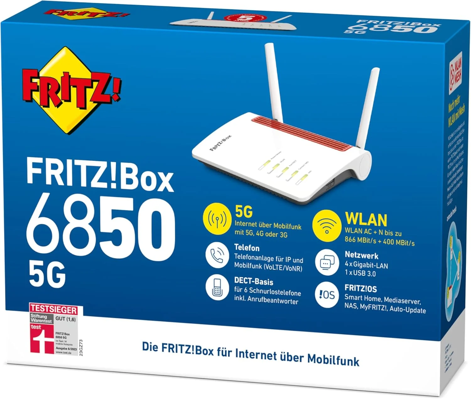 مودم AVM FRITZ!Box 6850 5G (اینترنت موبایل تا 1300 مگابیت بر ثانیه، WLAN AC+N تا 866 مگابیت بر ثانیه (5 گیگاهرتز) و 400 مگابیت بر ثانیه (2.4 گیگاهرتز)، 4 پورت گیگابیتی LAN، پایگاه DECT، USB 3.0، مناسب برای آلمان)