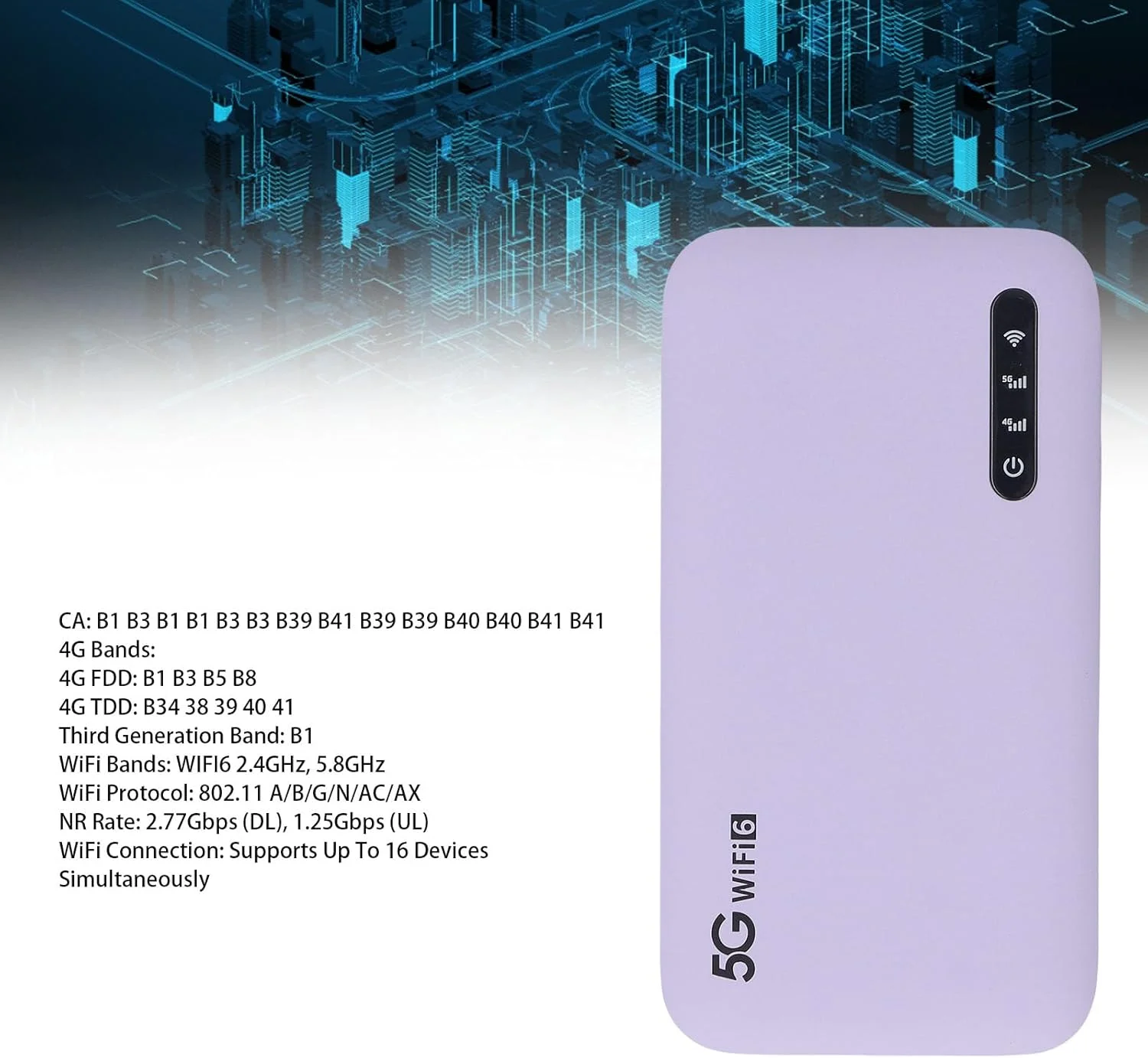 هات‌اسپات موبایل 5G، وای‌فای 6 با باتری 6100mAh، روتر مسافرتی مقاوم IP67 برای 16 دستگاه - پشتیبانی از نانو سیم‌کارت (بنفش)