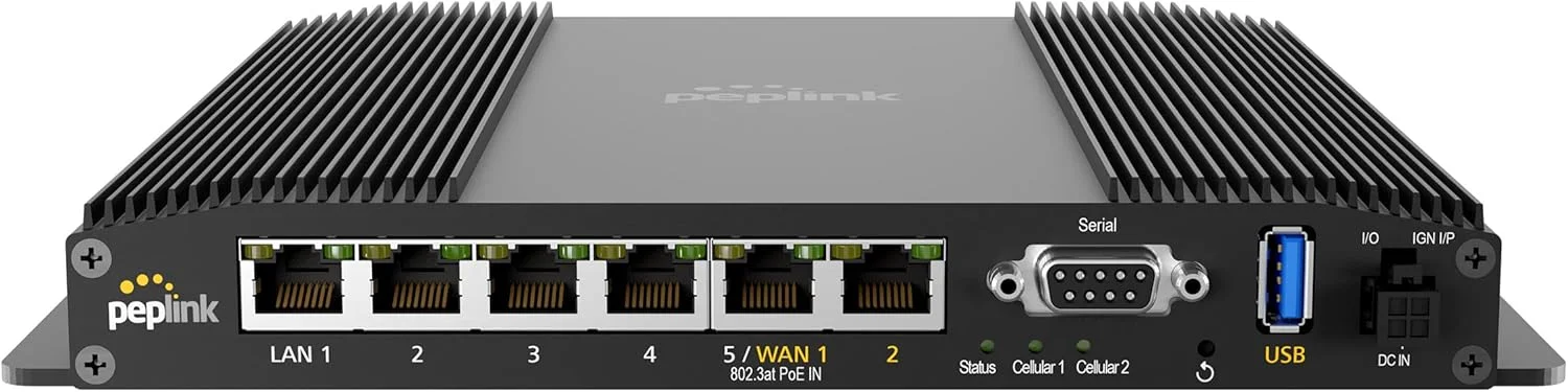 Peplink MAX BR2 Pro | دارای دو پورت WAN با سرعت 2.5 گیگابیت بر ثانیه، مودم های 5G x65 با اسلات های سیم کارت پشتیبان | Wi-Fi 6 | گزینه های متعدد WAN | حسگر احتراق طراحی شده برای کاربردهای خودرو | MAX-BR2-PRO-5GK-T-PRM