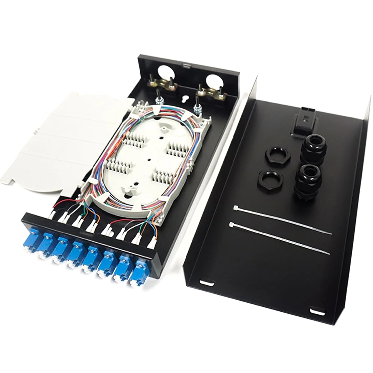 جعبه توزیع فیبر نوری 8 پورت (16 هسته) – کانکتور LC، تک حالته، محفظه خاتمه فیبر دیواری برای مدیریت کابل