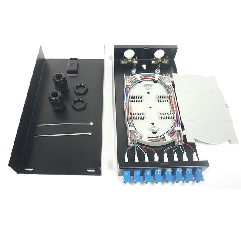 جعبه توزیع فیبر نوری 8 پورت (8 هسته) - کانکتور SC، تک حالته، محفظه خاتمه فیبر نصب شده روی دیوار برای مدیریت کابل