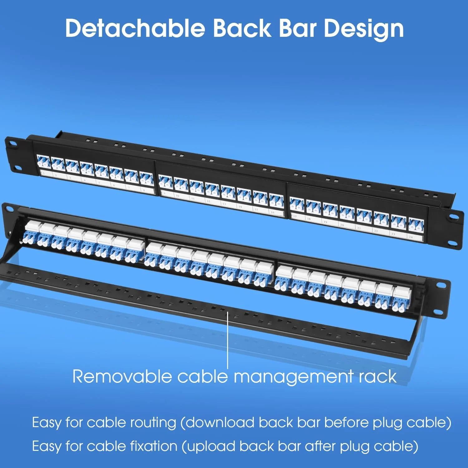 پنل پچ فیبر نوری LC با ۴۸ پورت، ۱U ۱۹ اینچی، مجهز به ۲۴ آداپتور فیبر نوری LC UPC سینگل مود دوبلکس پنل پچ فیبر نوری LC با ۴۸ پورت، ۱U ۱۹ اینچی، مجهز به ۲۴ آداپتور فیبر نوری LC UPC سینگل مود دوبلکس