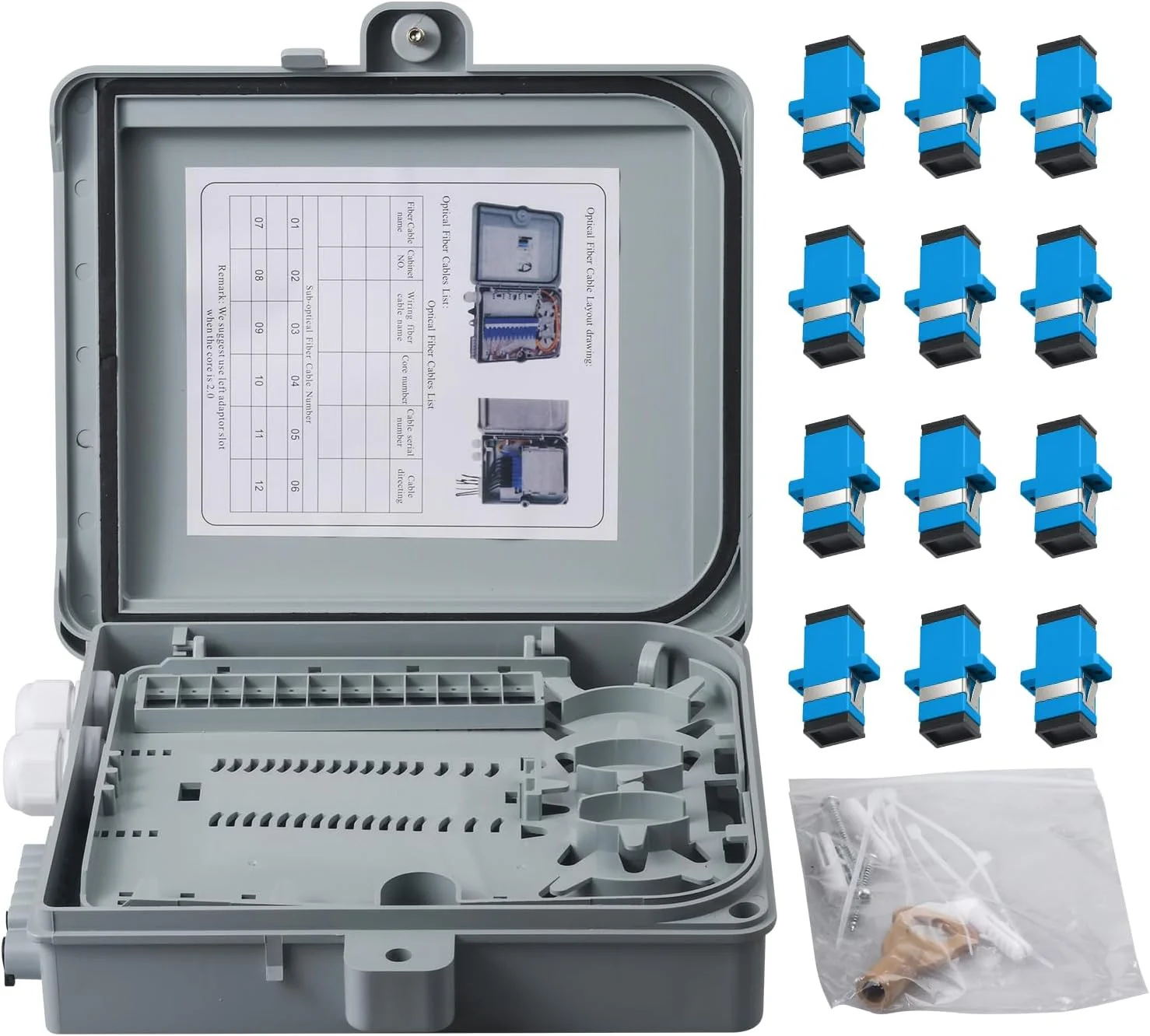 جعبه ترمینال فیبر نوری 12 هسته ای با 12 عدد کوپلر سینگل مود SC APC، لوازم جانبی فیبر نوری FTTH، ابعاد 24.5x22x6.5 سانتی متر