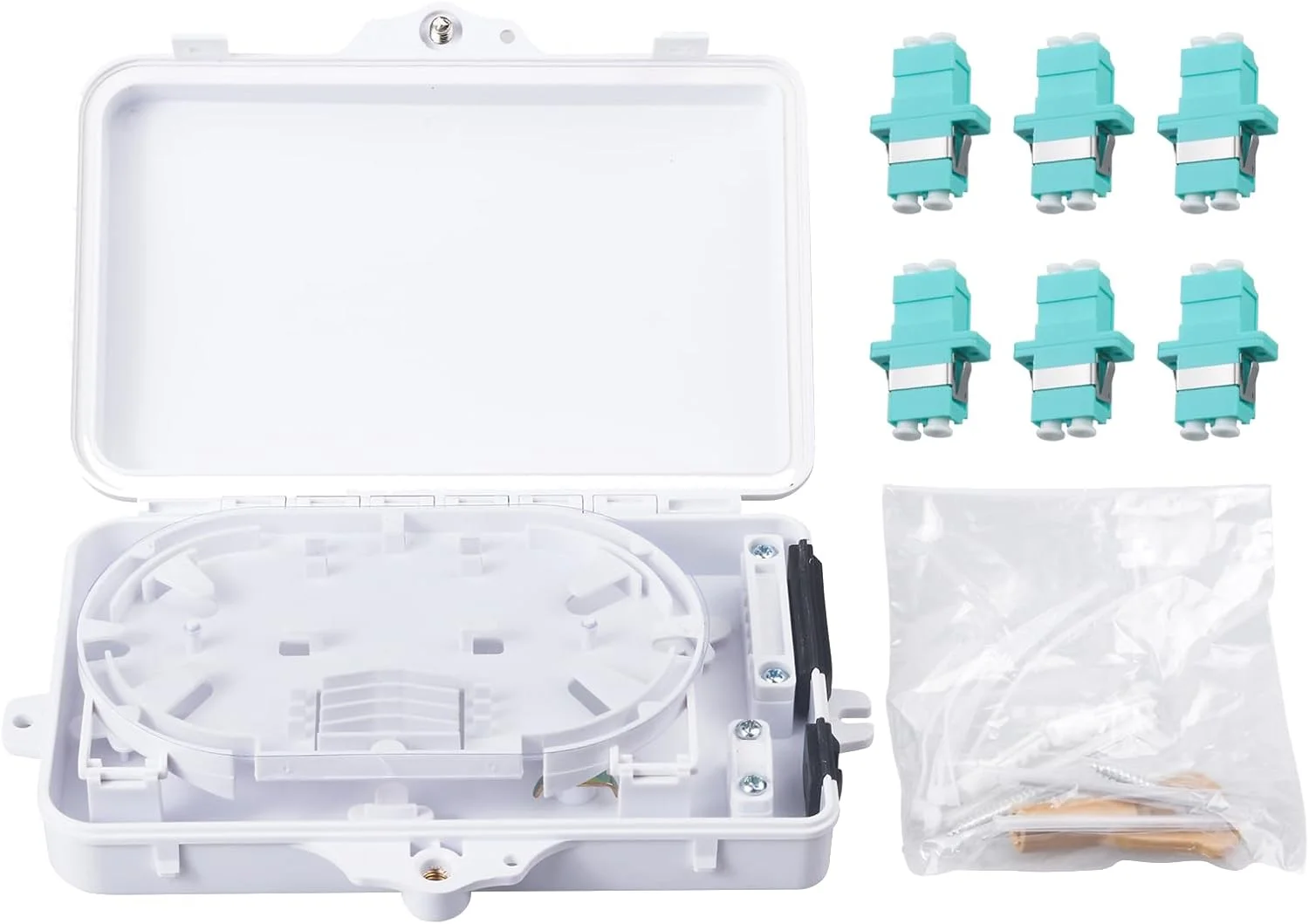 جعبه ترمینال فیبر نوری 6 هسته ای با 6 عدد کوپلر LC Duplex OM3 Multimode، لوازم جانبی فیبر نوری FTTH، ابعاد 24.5x22x6.5 سانتی متر