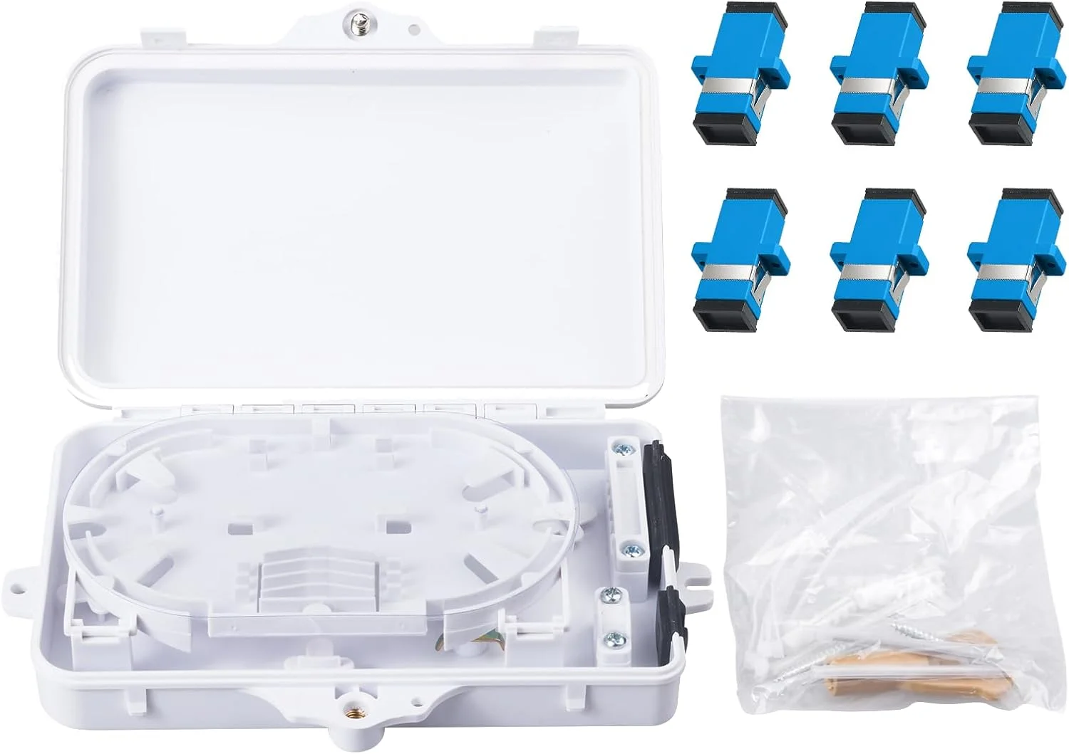 جعبه ترمینال فیبر نوری 6 هسته ای با 6 عدد کوپلر سینگل مود SC APC، لوازم جانبی فیبر نوری FTTH، ابعاد 24.5x22x6.5 سانتی متر