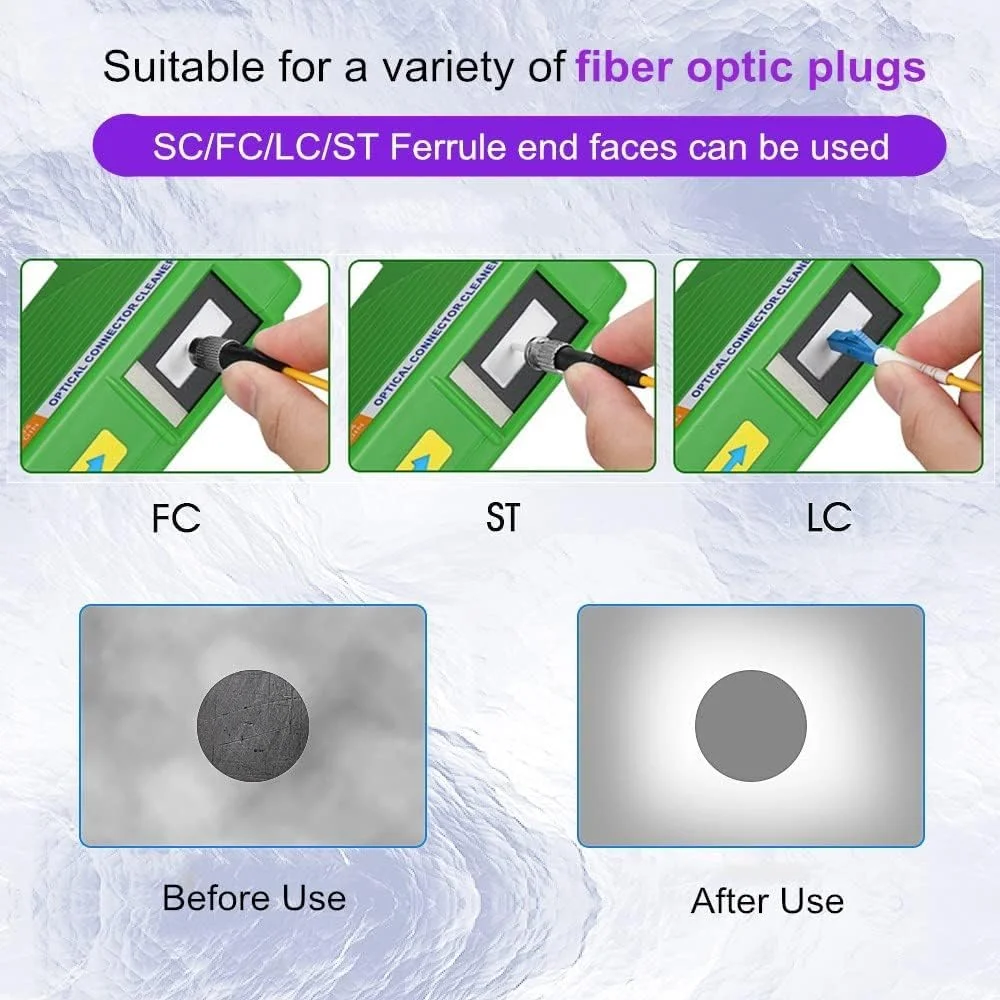 جعبه تمیز کننده فیبر نوری KASTWAVE، جعبه تمیز کننده فیبر نوری FTTH برای 1.25mm 2.5mm، FC، SC، LC، MU، ST و کانکتورهای نوری، بیش از 500 بار تمیز می کند، سواب تمیز کننده آنتی استاتیک، سبز