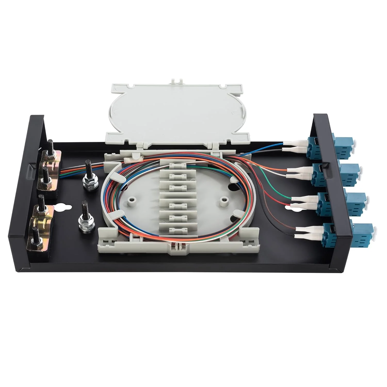 جعبه ترمینال فیبر نوری OFCN LC/SC Duplex، جعبه کابل 4 پورت، محفظه فیبر دیواری با قرقره (شامل یک پیگتیل LC 12 رشته ای 1 متری و پنل 4 پورت (LC))