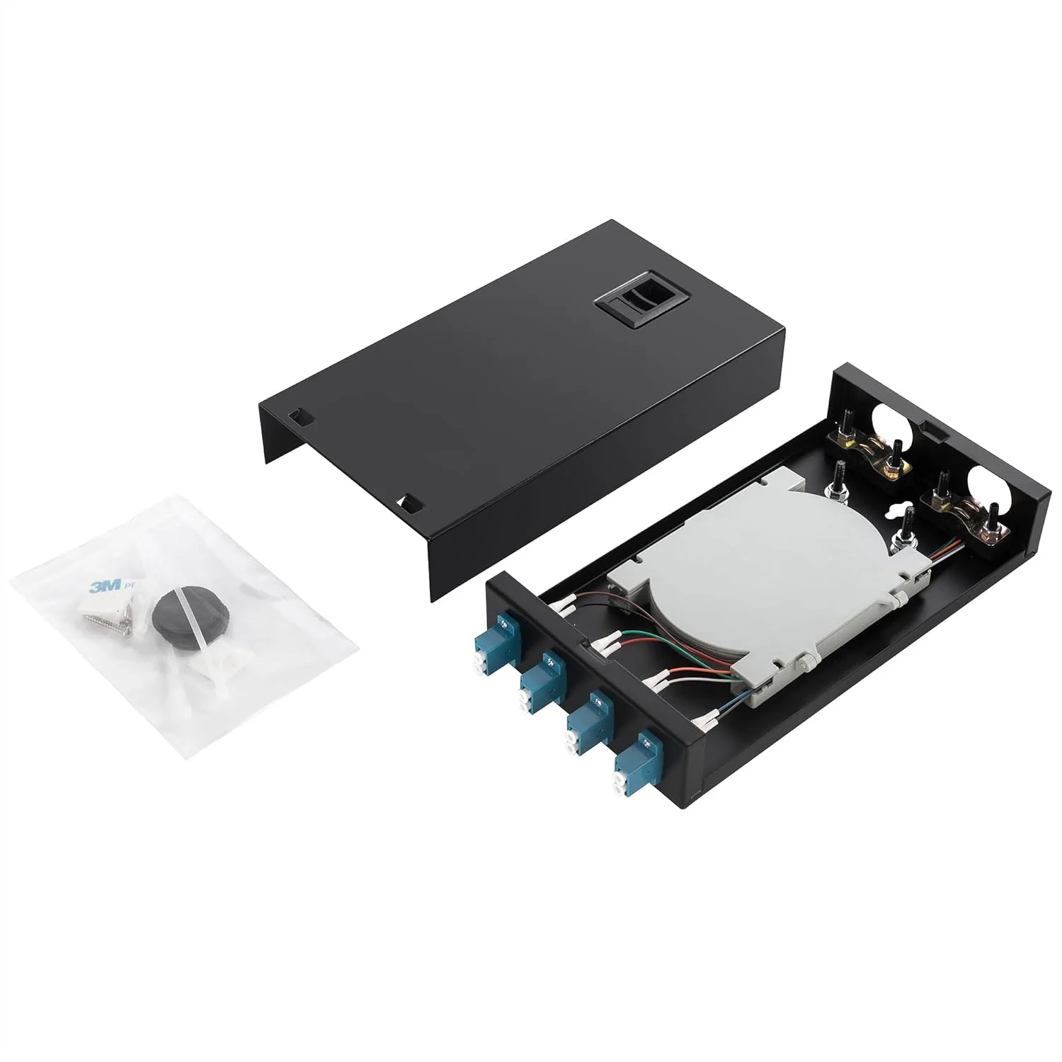 جعبه ترمینال فیبر نوری OFCN LC/SC Duplex، جعبه کابل 4 پورت، محفظه فیبر دیواری با قرقره (شامل یک پیگتیل LC 12 رشته ای 1 متری و پنل 4 پورت (LC))