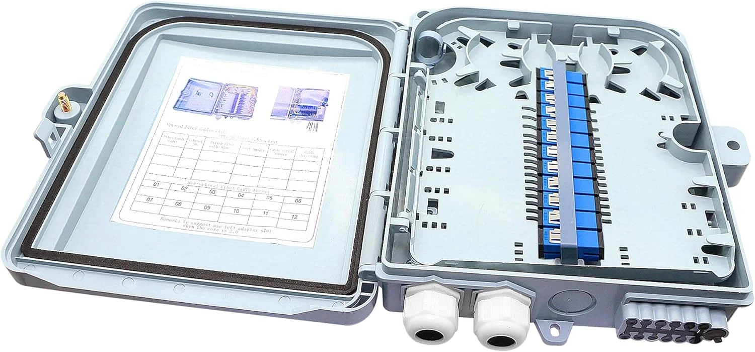 جعبه تقسیم فیبر نوری FTTH 12 هسته ای، جعبه تقسیم فیبر 12 پورت IP65، برای اتصال و سیم پیچی فیبر نوری داخلی و خارجی