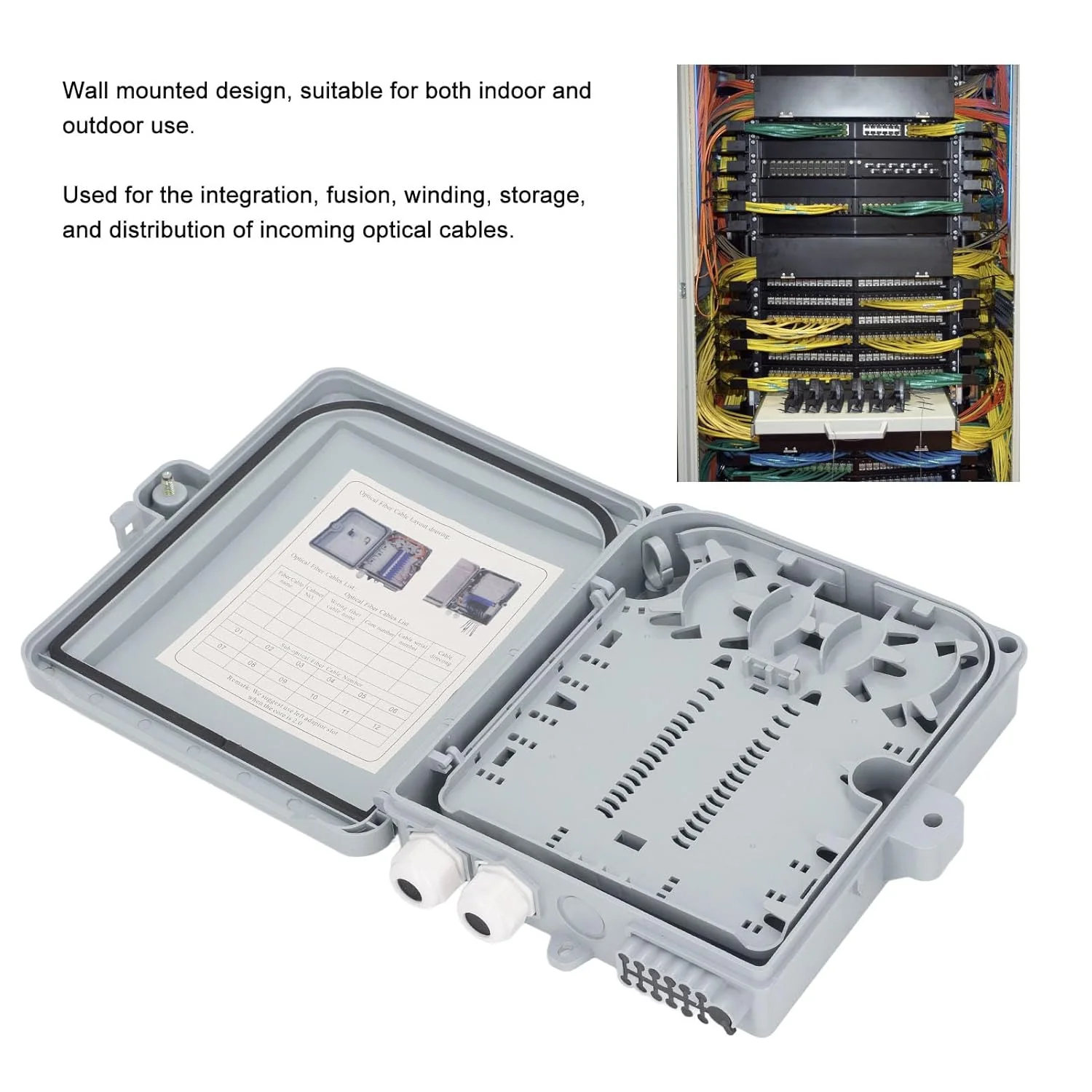 جعبه تقسیم فیبر نوری 12 پورت، جعبه توزیع فیبر نوری با مواد PC و ABS برای FTTH فضای باز و داخلی