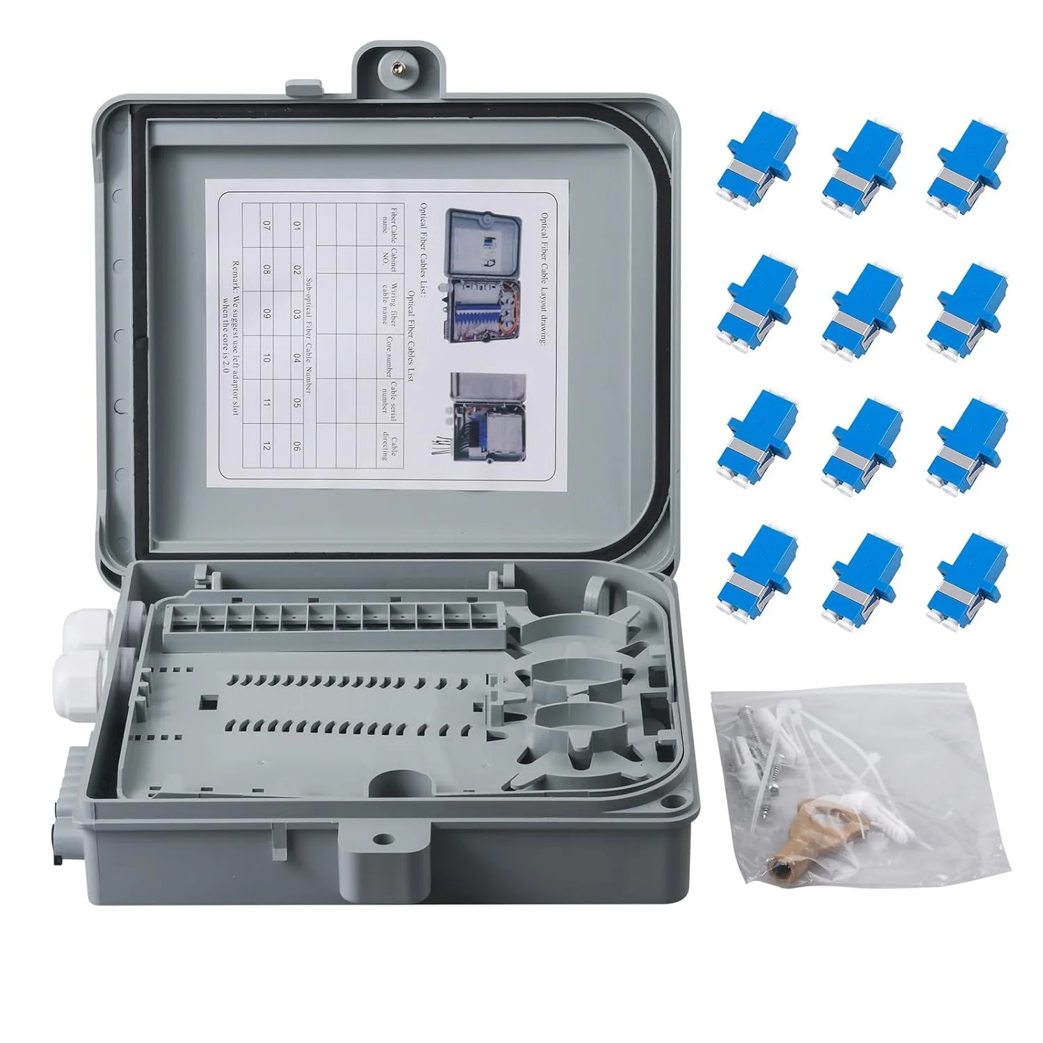 جعبه ترمینال فیبر نوری 12 هسته ای با 12 عدد کوپلر سینگل مود LC دوبلکس، محفظه توزیع فیبر نوری FTTH، لوازم جانبی فیبر نوری 24.5x22x6.5 سانتی متر