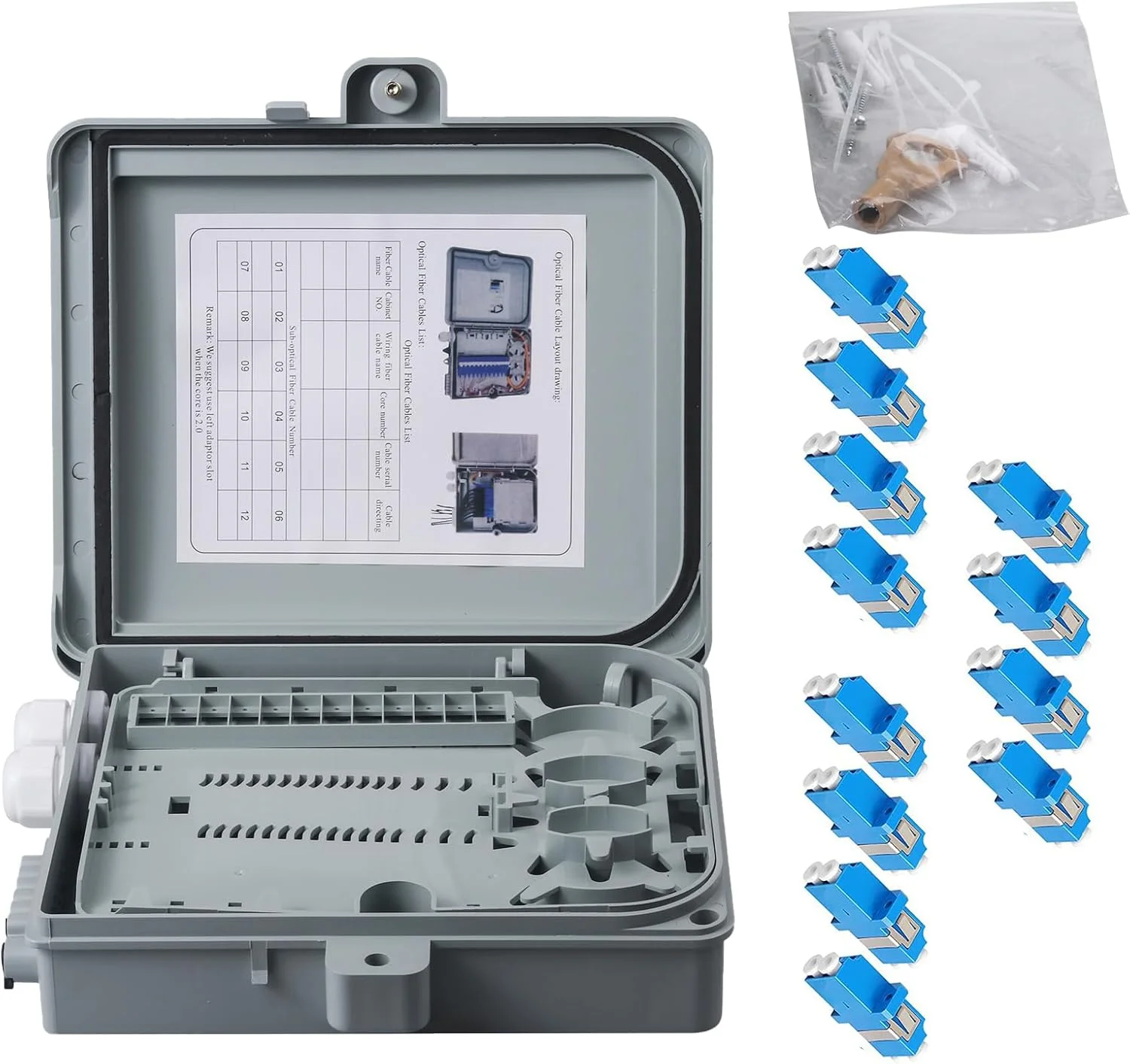 جعبه تقسیم فیبر نوری Xunsomten، محفظه نصب دیواری 12 پورت با 12 آداپتور LC Duplex، Singlemode، FTTH، ضد آب IP65 مناسب برای استفاده در فضای باز/داخلی - 24.00 x 22.00 x 6.50 سانتی متر