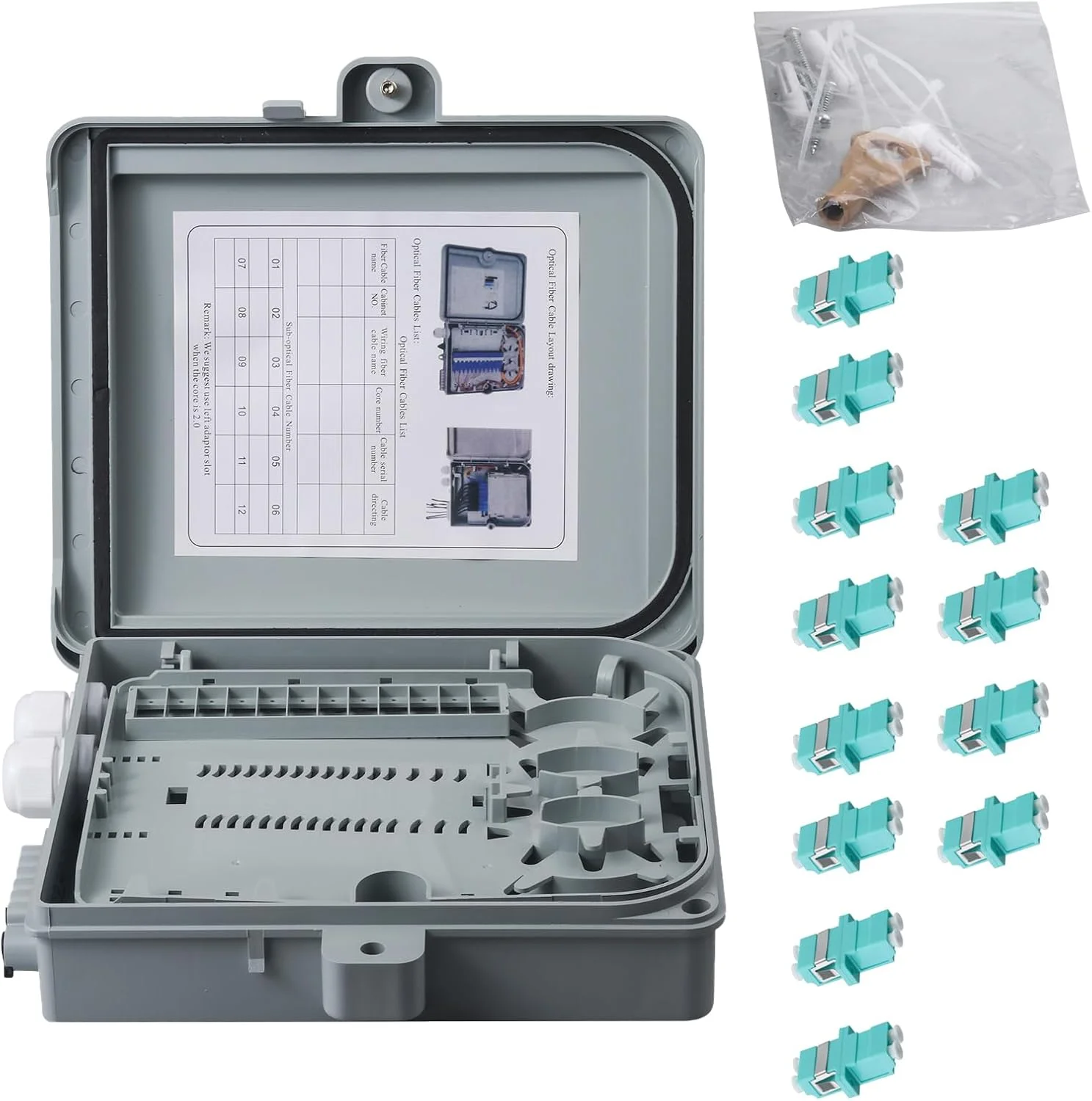 جعبه توزیع فیبر نوری، محفظه 12 پورت دیواری با 12 آداپتور LC Duplex OM3، چند حالته، FTTH، ضد آب IP65 مناسب برای استفاده در فضای باز/داخلی - 24x22x6.5 سانتی متر