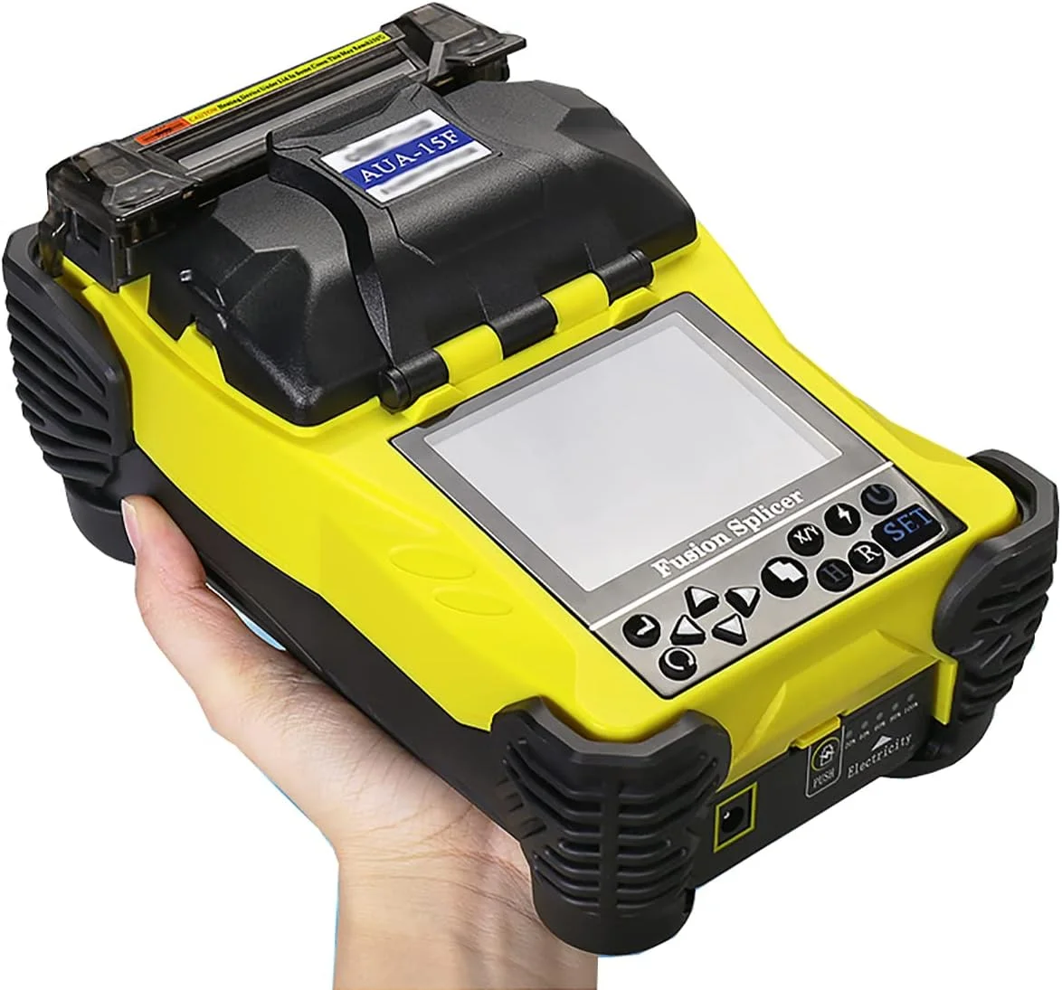 دستگاه فیوژن فیبر نوری مینی کاملا اتوماتیک، دستگاه جوش AUA-15F با صفحه نمایش لمسی 3.5 اینچی، دارای Visual Fault Locator و Optical Power Meter و کیت فیبر کلیور Leunl