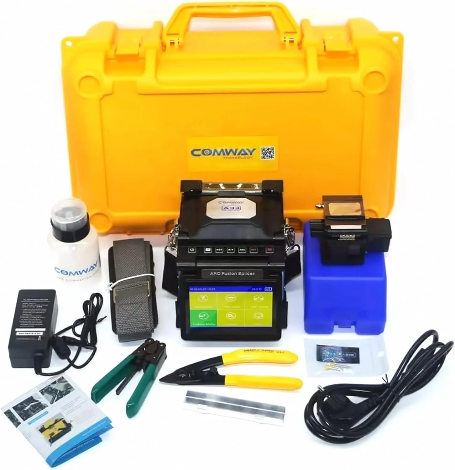 دستگاه فیوژن فیبر نوری Comway A33، ذوب کننده سطح انتهایی فیبر، قابل حمل 1.5 کیلوگرم، هم ترازی دقیق PAS، پردازنده گرافیکی یکپارچه، اتصال سریع 5 ثانیه، گرمایش 12 ثانیه، صفحه نمایش لمسی رنگی 4.3 اینچی