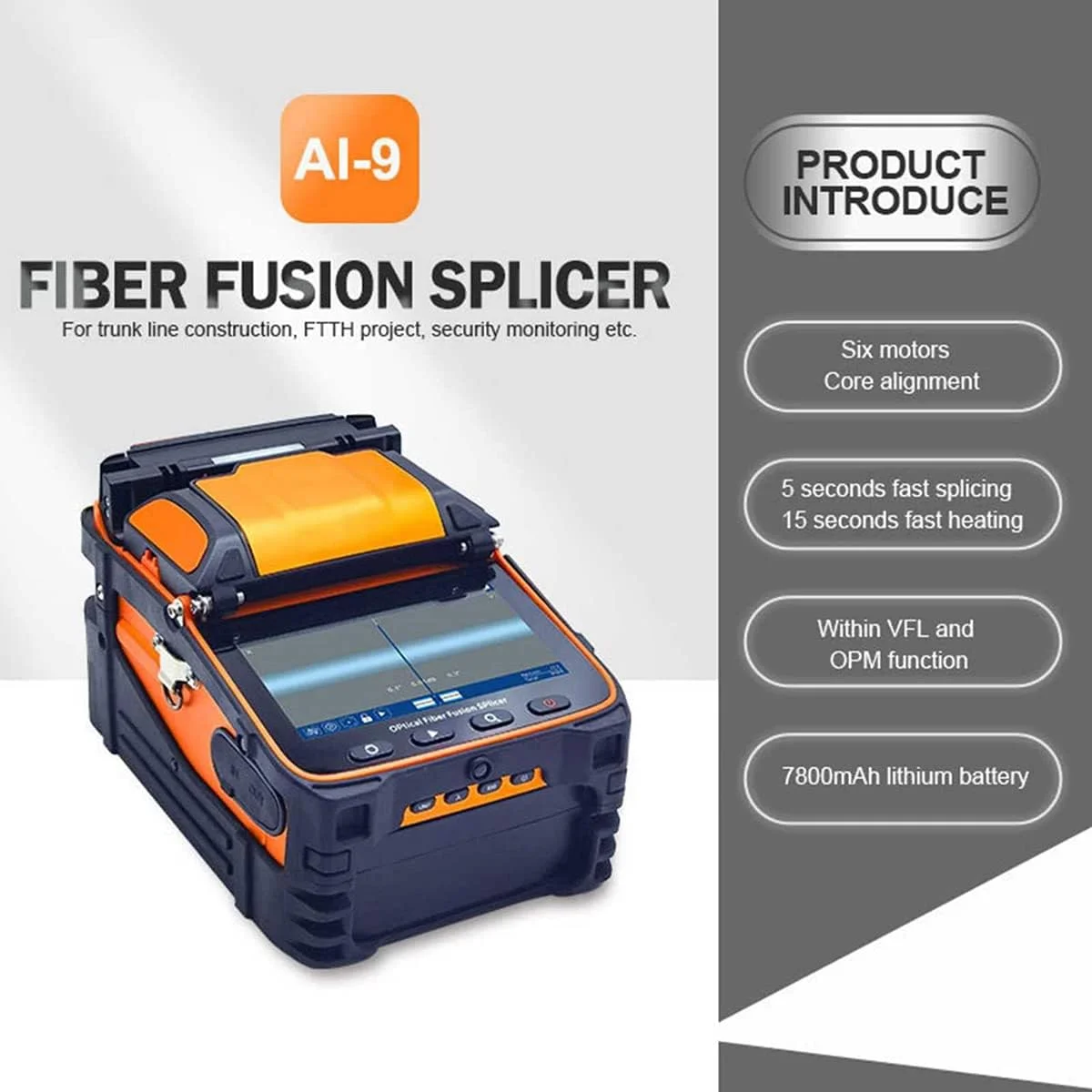 دستگاه فیوژن فیبر نوری AJWYSOI، دستگاه فیوژن فیبر نوری FTTH با فوکوس خودکار، دستگاه فیوژن فیبر نوری خودکار، موتور هسته ای شش گانه فیوژن AI-9، صفحه نمایش 5 اینچی، پروژه های فیبر نوری و کابل