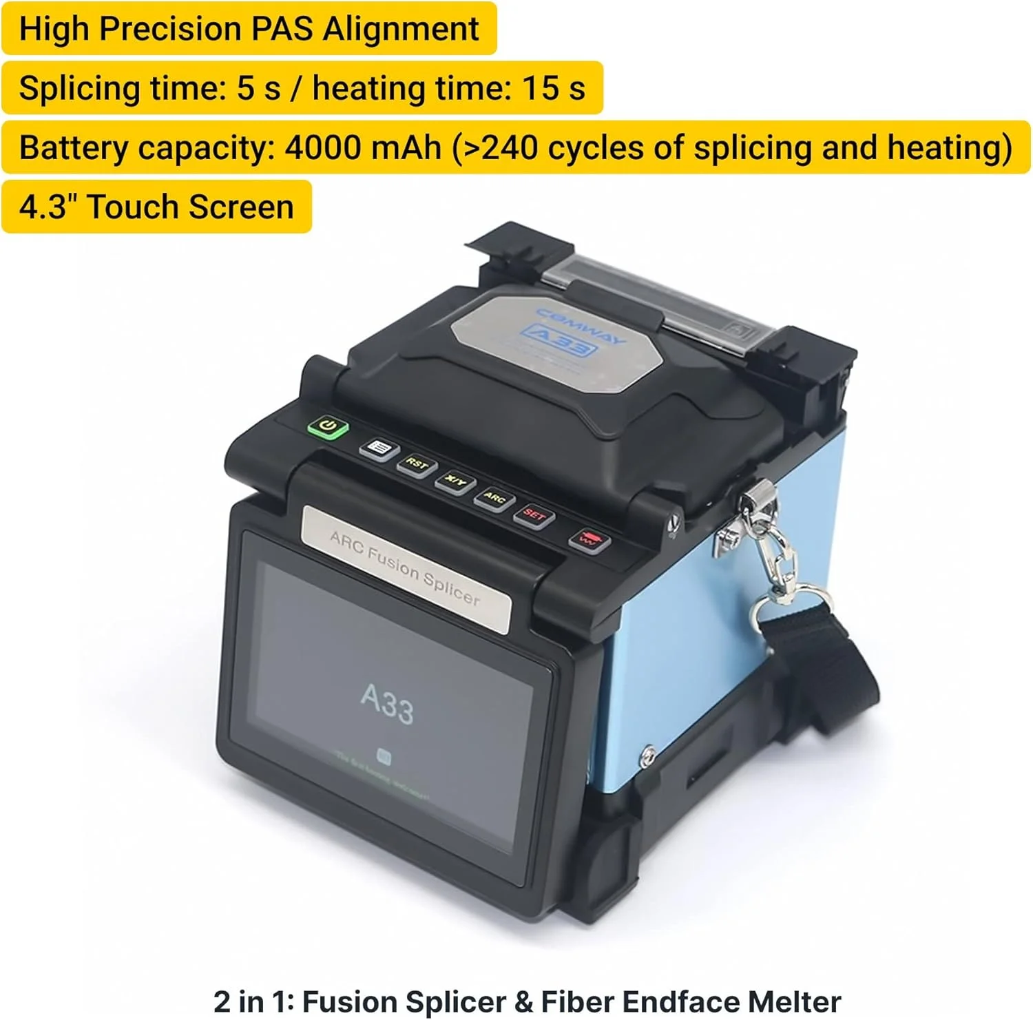 دستگاه فیوژن فیبر نوری Comway A33، ذوب کننده سطح انتهایی فیبر، قابل حمل 1.5 کیلوگرم، هم ترازی دقیق PAS، پردازنده گرافیکی یکپارچه، اتصال سریع 5 ثانیه، گرمایش 12 ثانیه، صفحه نمایش لمسی رنگی 4.3 اینچی