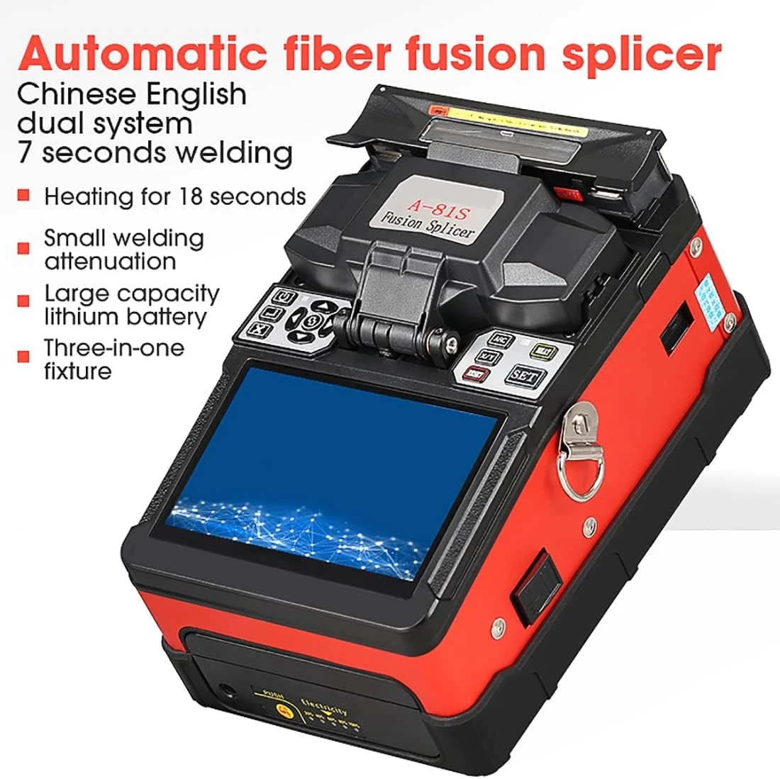 دستگاه فیوژن فیبر نوری با صفحه نمایش رنگی 5 اینچی TFT، کیت دستگاه فیوژن فیبر نوری A-81S، دارای گرمایش 18-26 ثانیه، بزرگنمایی 400 برابری، دستگاه فیوژن کاملا اتوماتیک نارنجی