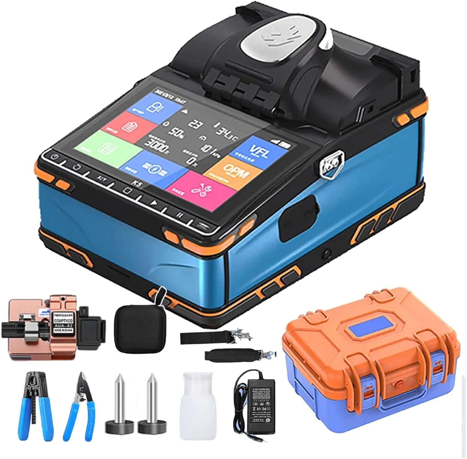 دستگاه فیوژن فیبر نوری Hoiaost - همراه با 6 الکترود و دستگاه برش فیبر، کیت ابزار لخت کن، دستگاه قوس الکتریکی فیبر نوری، نگهدارنده 3 در 1، تجهیزات فیبر نوری Sm Mm