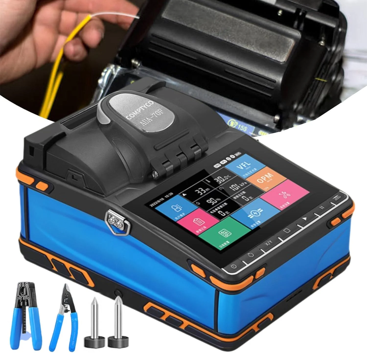 دستگاه فیوژن فیبر نوری Hoiaost - صفحه نمایش لمسی HD 5.5 اینچی، دستگاه فیوژن کابل فیبر نوری با تراز اتوماتیک، حمل آسان در فضای باز، پشتیبانی از OPM VFL / نگهدارنده 3 در 1