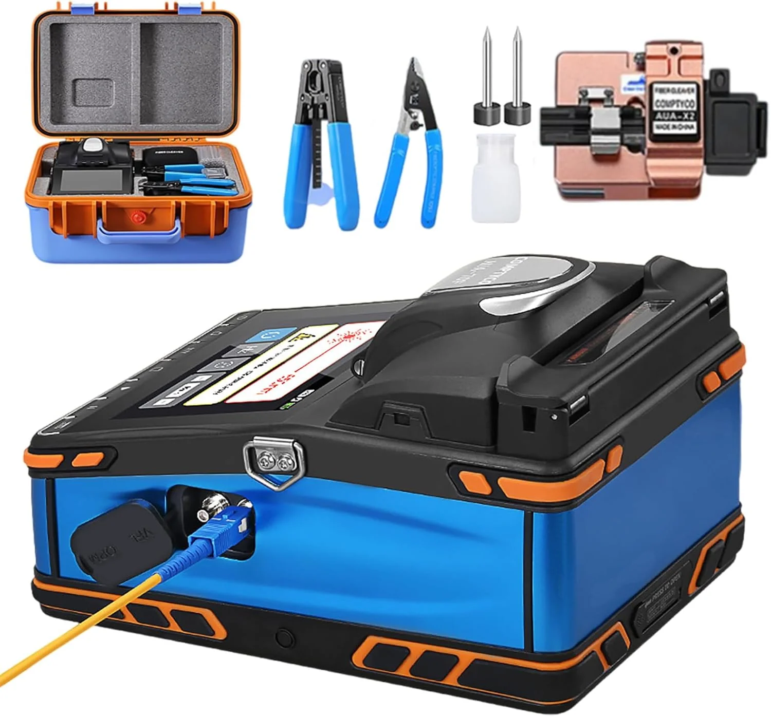 دستگاه فیوژن فیبر نوری Hoiaost - با تراز خودکار، 2 الکترود، ابزار برش فیبر، کیت ابزار لخت کن، دستگاه فیوژن قوس کابل فیبر نوری، تجهیزات فیبر نوری Sm Mm