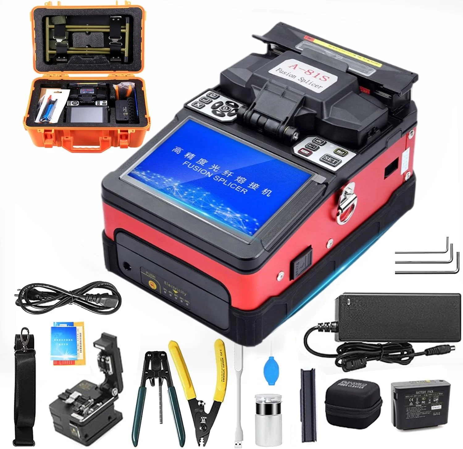 دستگاه فیوژن فیبر نوری اتوماتیک، کیت دستگاه فیوژن فیبر نوری کاملا اتوماتیک، هم ترازی/فیوژن هسته فیبر کاملا اتوماتیک، با باتری 7800mah + 4 موتور، برای جامپر/خط پوستی