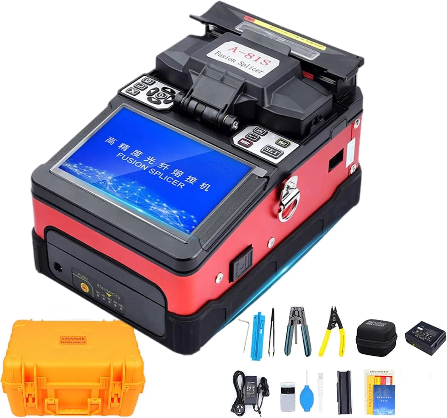 دستگاه فیوژن فیبر نوری ارتقا یافته با تراز هسته و چهار موتور، کاملا اتوماتیک FTTH، گرمایش 5 ثانیه ای و اتصال 15 ثانیه ای (7800mA)