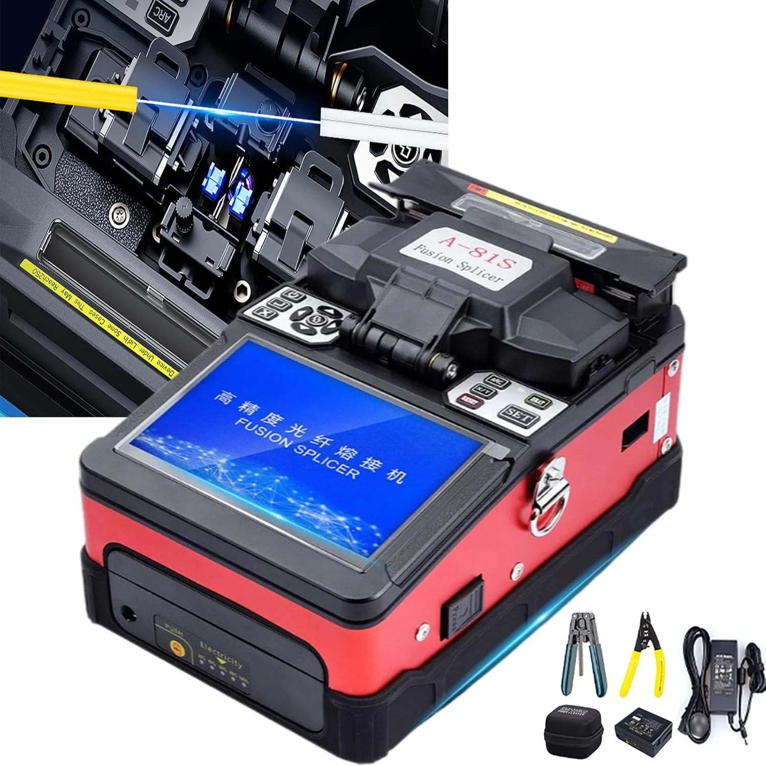 دستگاه فیوژن فیبر نوری اتوماتیک Hoiaost با قابلیت فوکوس خودکار، کیت فیوژن فیبر نوری FTTH با صفحه نمایش دیجیتال 5 اینچی LCD و کیت برش فیبر نوری (7800mAh)