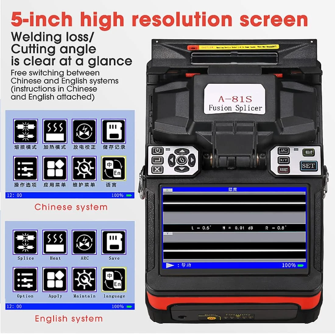 دستگاه فیوژن فیبر نوری HYPKUTY با صفحه نمایش رنگی 5 اینچی TFT مدل A-81S، دارای گرمایش 18-26 ثانیه، بزرگنمایی 400 برابری، نارنجی، کاملا اتوماتیک دستگاه فیوژن فیبر نوری HYPKUTY با صفحه نمایش رنگی 5 اینچی TFT مدل A-81S، دارای گرمایش 18-26 ثانیه، بزرگنمایی 400 برابری، نارنجی، کاملا اتوماتیک