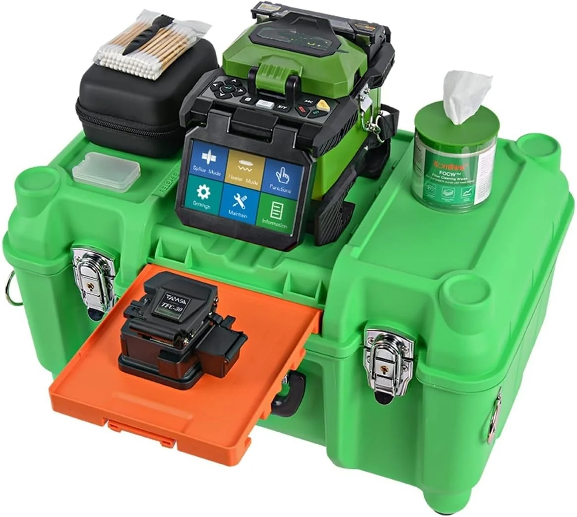 دستگاه فیوژن فیبر نوری JDOSHIS Fusion Splicer FX37 برای FTTx FTTH به همراه تیغه برش فیبر نوری، سینی خنک کننده و انواع استریپر، دستگاه جوش فیبر