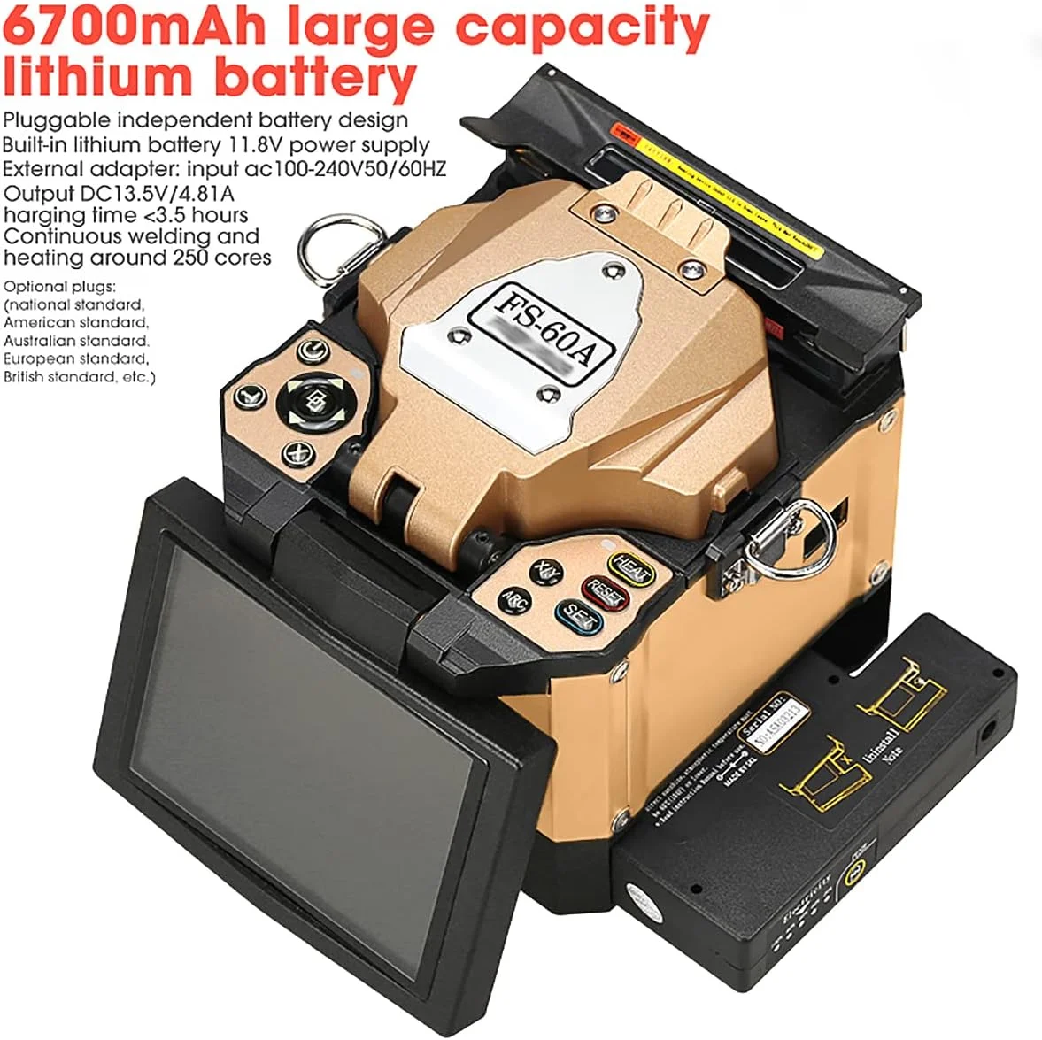 دستگاه فیوژن فیبر نوری FS-60A با دقت بالا و صفحه نمایش رنگی 5.0 اینچی TFT، دستگاه اتصال فیبر نوری هوشمند دو زبانه FTTH