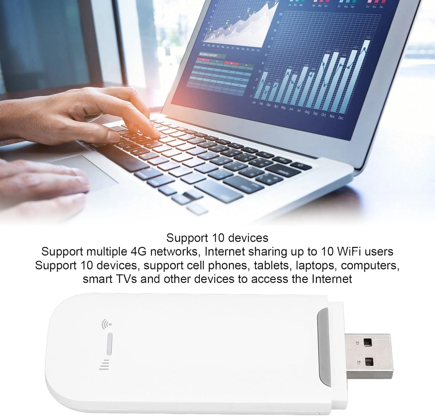 روتر وای فای قابل حمل USB 4G LTE، قطعات USB تا 10 دستگاه WLAN با وای فای پایدار 4G قابل حمل برای تبلت ها (سفید)