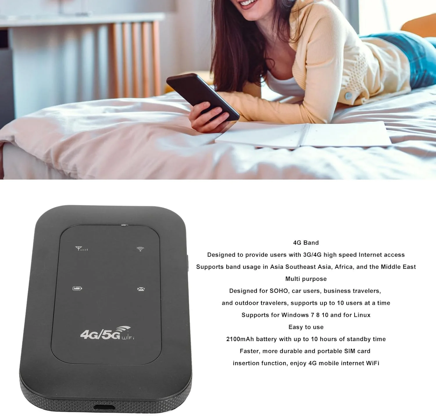 مودم همراه 4G LTE، روتر جیبی پرسرعت 150 مگابیت بر ثانیه با اسلات سیم کارت، اشتراک گذاری تا 10 کاربر برای سفر اداری (فقط برای استفاده در آسیا، آسیای جنوب شرقی، آفریقا، خاورمیانه)