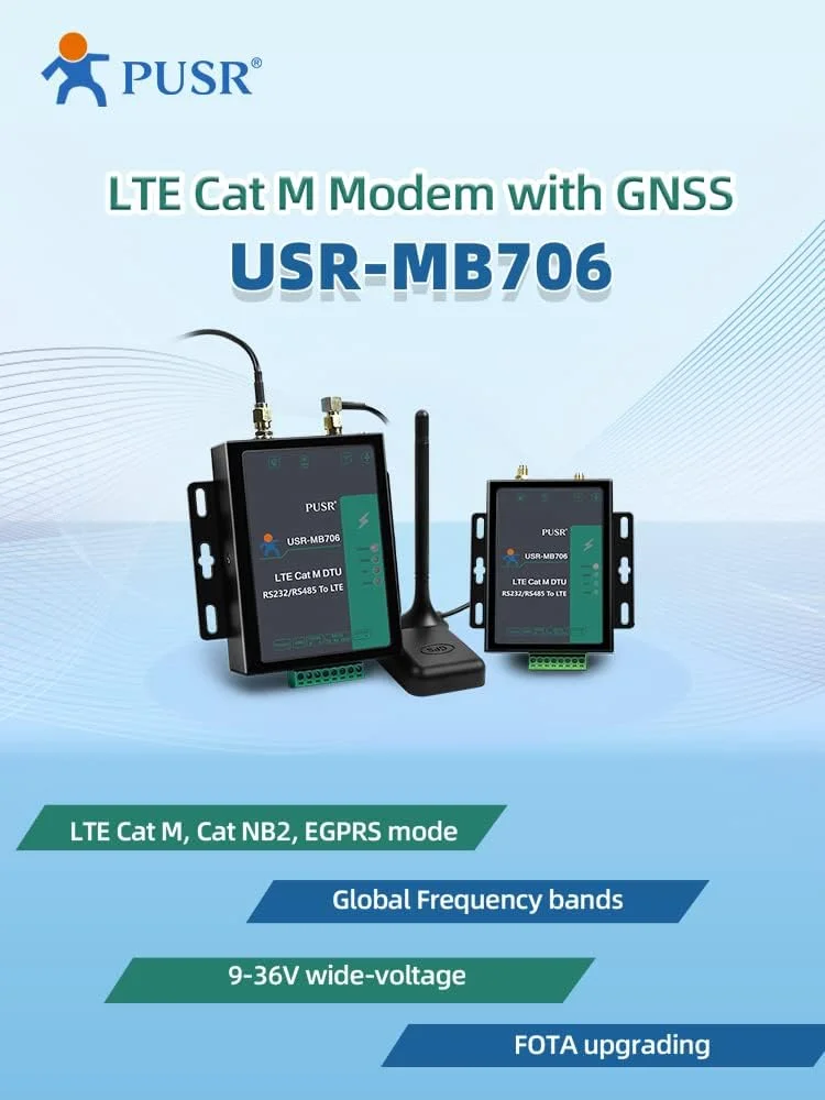 مودم سریال LTE Cat1 با فرکانس جهانی PUSR USR-MB706 RS232 RS485 با NBIoT GNSS و اسلات سیم کارت 4G مودم سلولی صنعتی