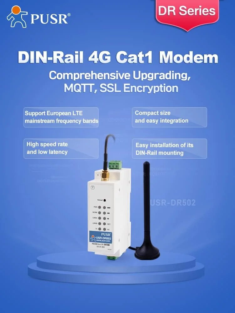 مودم USR-DR502-E اروپا HTTP MQTT GSM SMS 4G LTE Cat 1 با اسلات سیم کارت و پشتیبانی از پلتفرم IoT