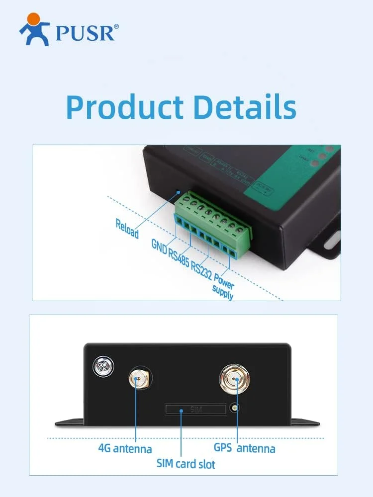 مودم سریال LTE Cat1 با فرکانس جهانی PUSR USR-MB706 RS232 RS485 با NBIoT GNSS و اسلات سیم کارت 4G مودم سلولی صنعتی