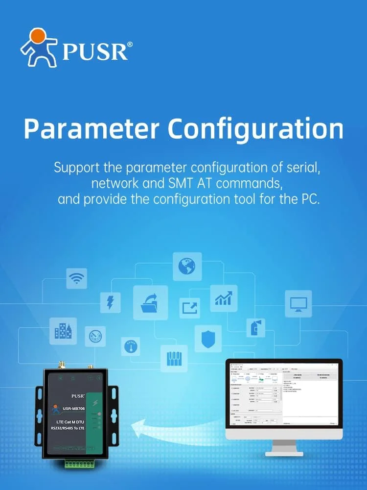 مودم سریال LTE Cat1 با فرکانس جهانی PUSR USR-MB706 RS232 RS485 با NBIoT GNSS و اسلات سیم کارت 4G مودم سلولی صنعتی