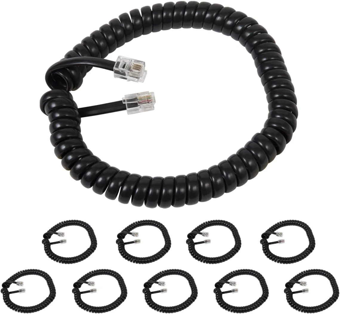سیم گوشی تلفن فنری Cablesys برای استفاده با سیستم های تلفن PBX و تلفن های VoIP - طول باز شده 1.8 متر، RJ22، طول سربندی 3.8 سانتی متر در هر دو طرف، مشکی براق، بسته 10 عددی