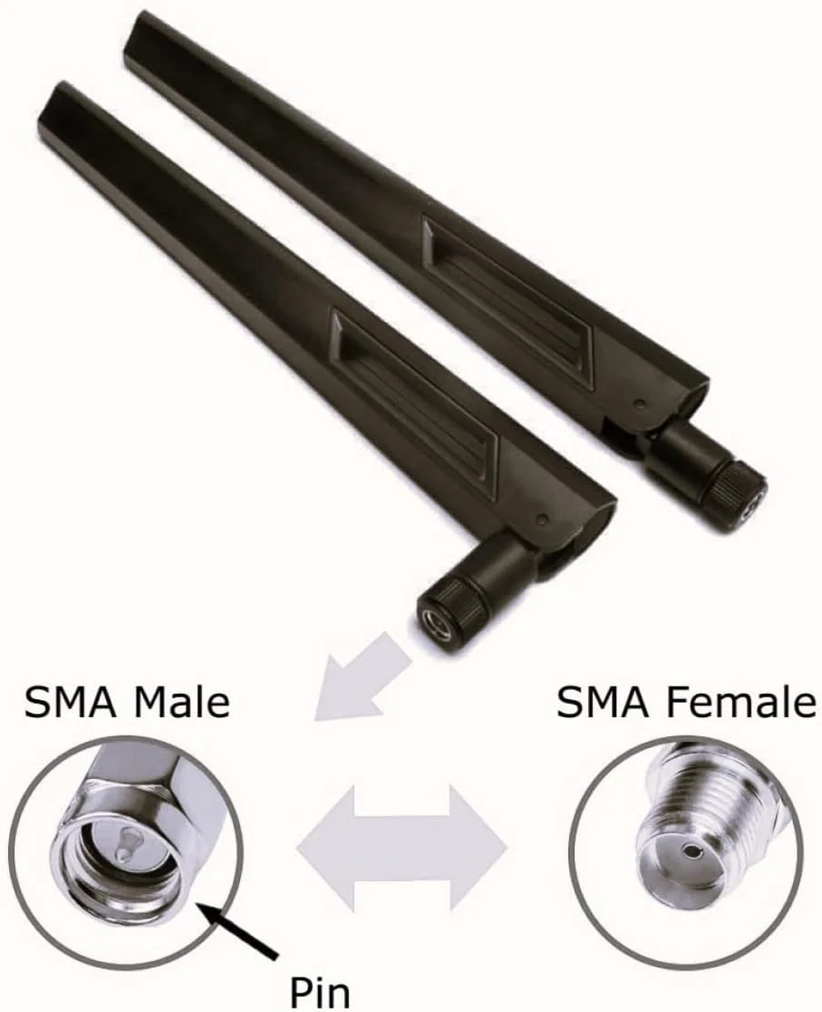 آنتن های وای فای تقویت کننده سیگنال دو باند 10dBi مشکی و مشکی (2.4GHz/5GHz-5.8GHz) با کانکتور SMA Male برای دوربین بی سیم، روتر، هات اسپات - بسته 2 عددی