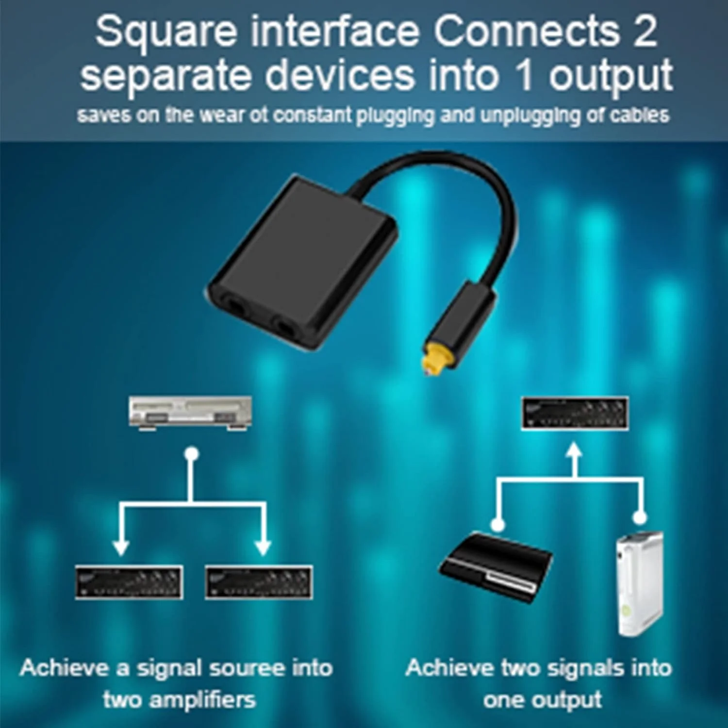 آداپتور تقسیم کننده صوتی نوری دیجیتال Toslink دو پورت Zerone، کابل صوتی فیبر نوری 1 ورودی 2 خروجی (مشکی)