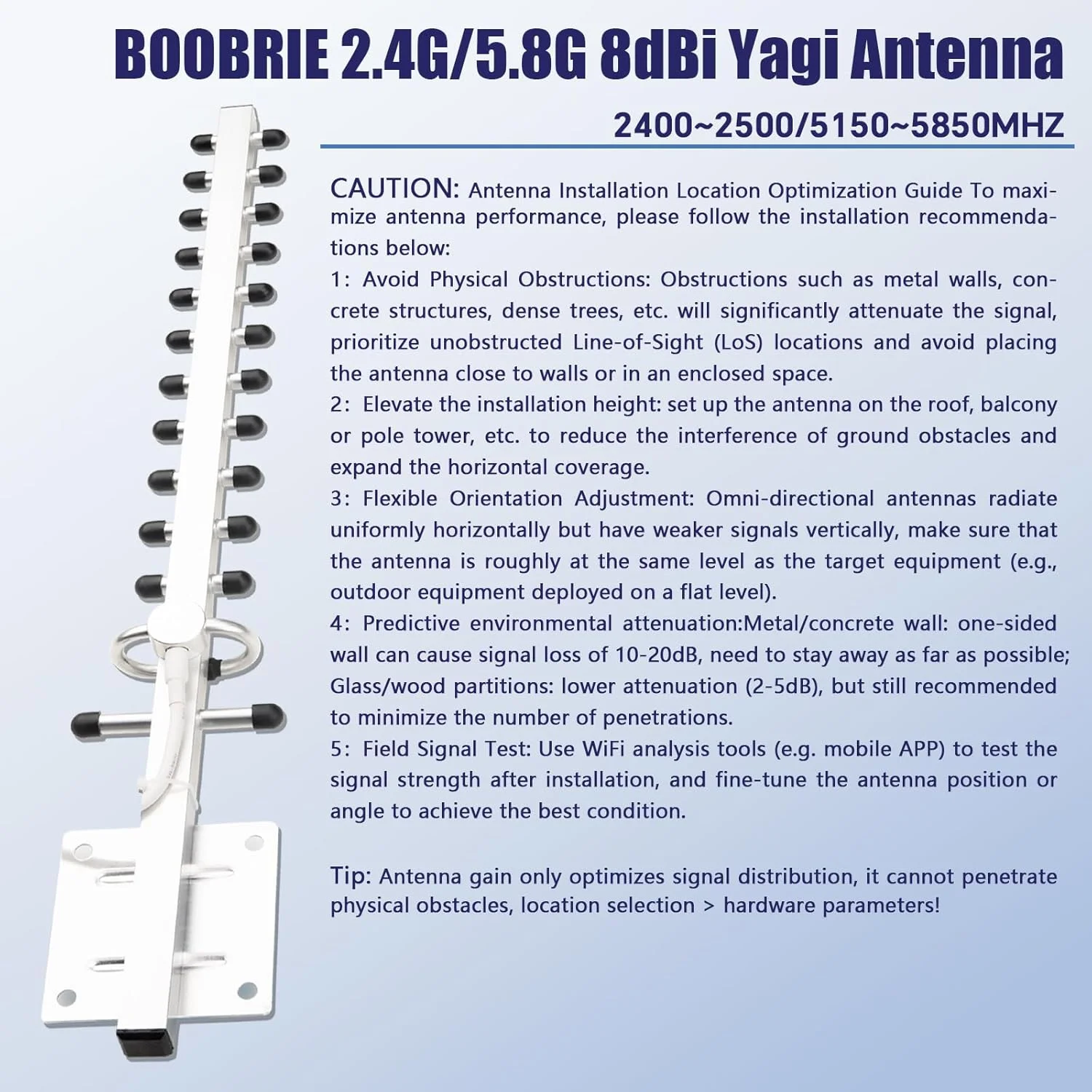 آنتن یاگی وای فای دو بانده BOOBRIE 2.4G/5.8G 8dBi آنتن بیرونی جهت دار با بهره بالا کانکتور مادگی RP-SMA کابل 4.92Ft RG58 آنتن یاگی وای فای 13 واحدی برای تقویت کننده سیگنال وای فای کارت شبکه روتر