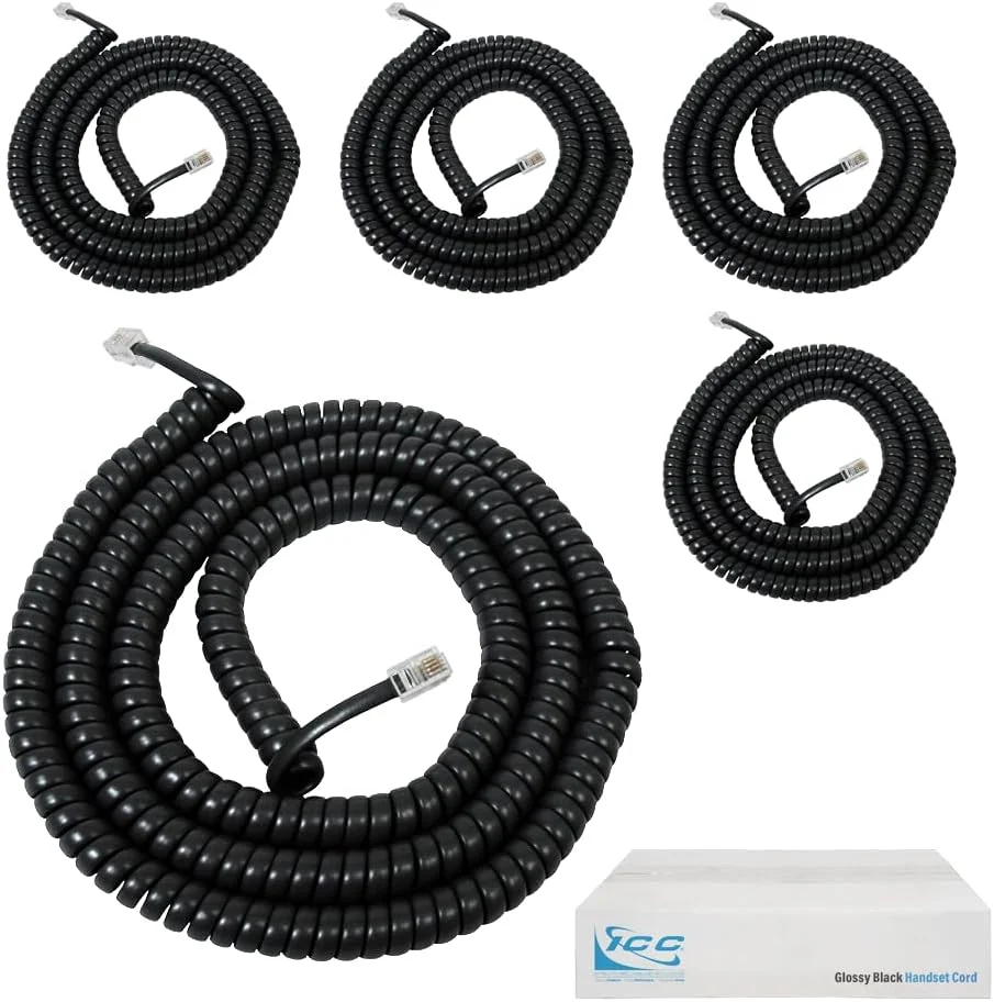 سیم گوشی تلفن ICC، 7.6 متر - کانکتورهای RJ9 (RJ22)، مشکی براق، بسته 5 عددی - طراحی فنری و بدون گره برای تلفن های PBX و VoIP